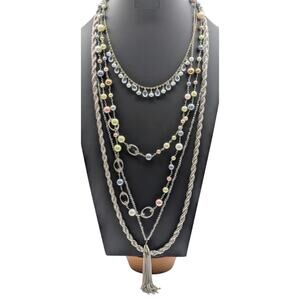 Lot of Four Faux Pearl Chain Crystal Silver Tone Necklaces